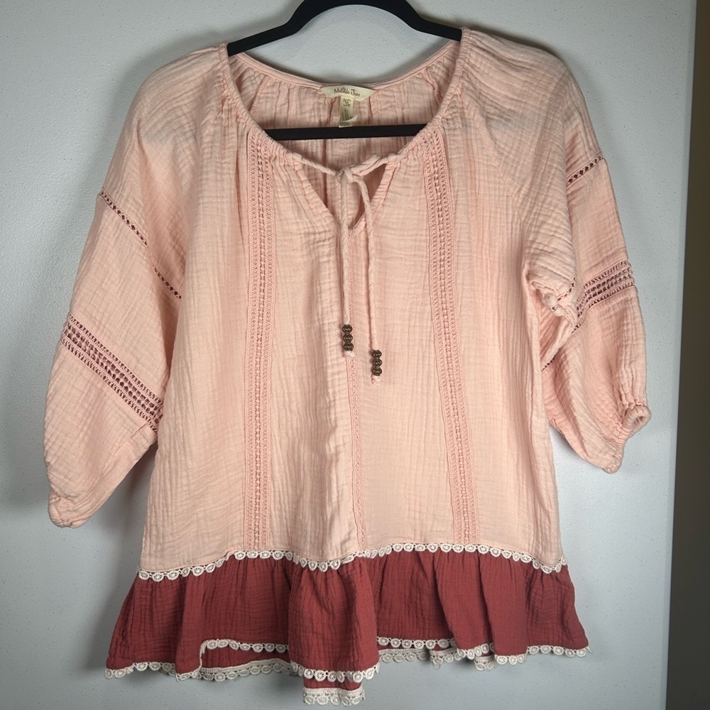 Matilda Jane Peach/Rust Color Peplum Blouse with Tie Front and 3/4 Sleeves.